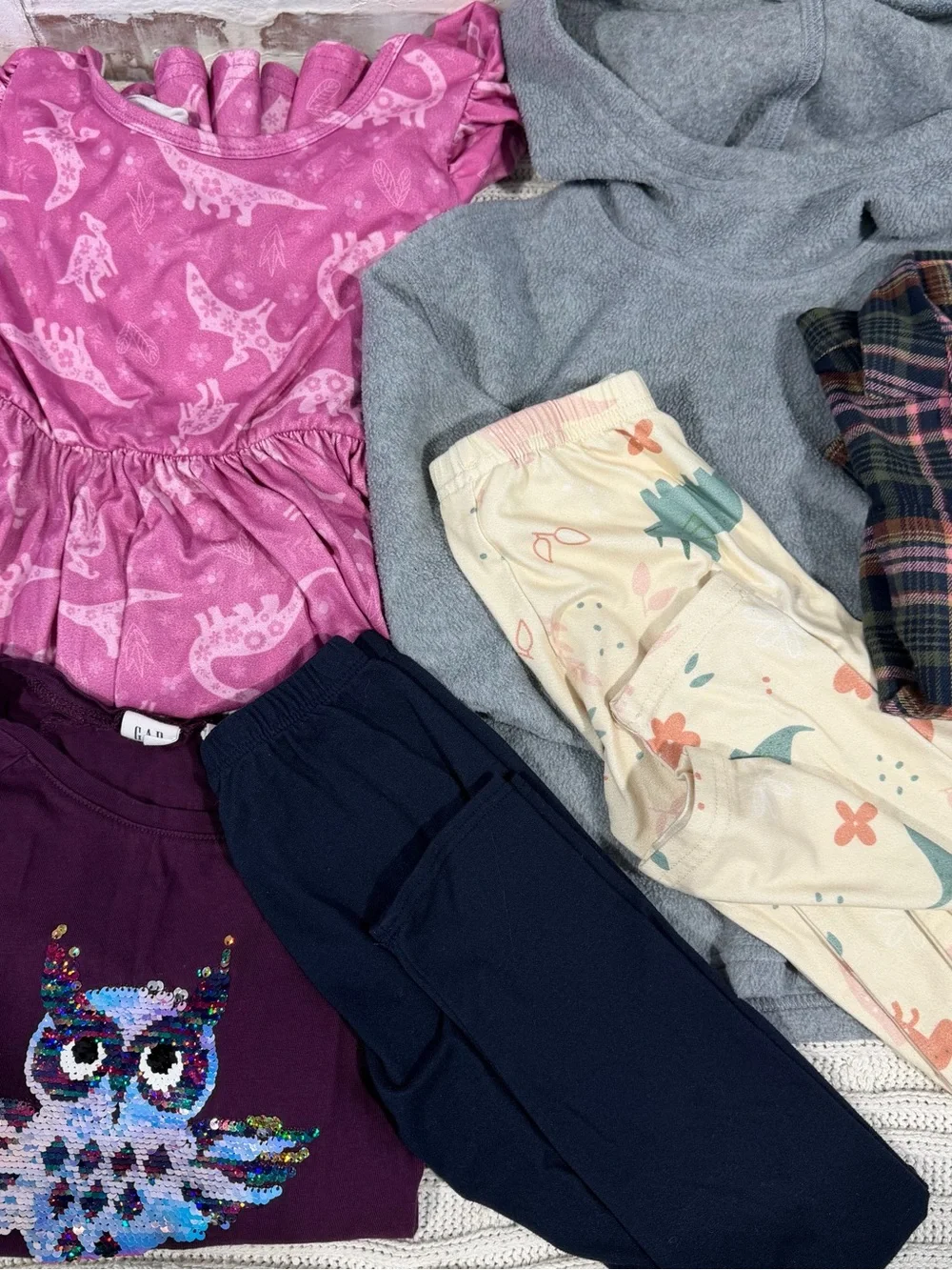 Kids  Mixed Outfit Bundle - Pink Dino Dress, Gray Hoodie, Navy Leggings 5/6